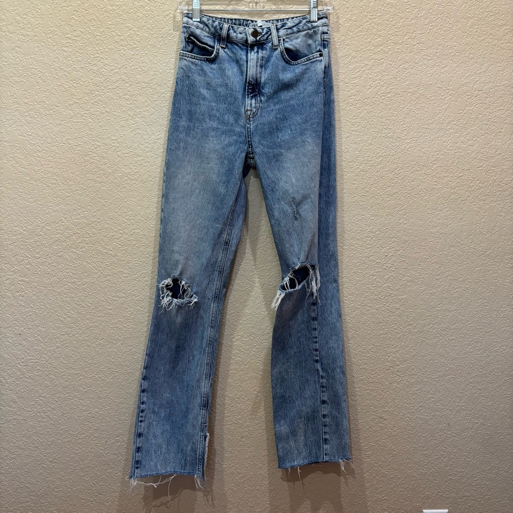 Zara Womens Medium Wash Distressed High Rise Cut Off Raw Hem Denim Jeans Size 4